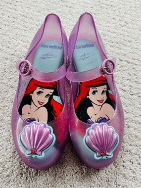 Melissa Kids Purple Glitter Jelly Shoes with Ariel Shell Charms